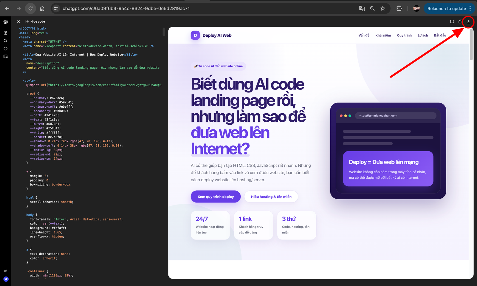 Tải code landing page từ AI về máy tính