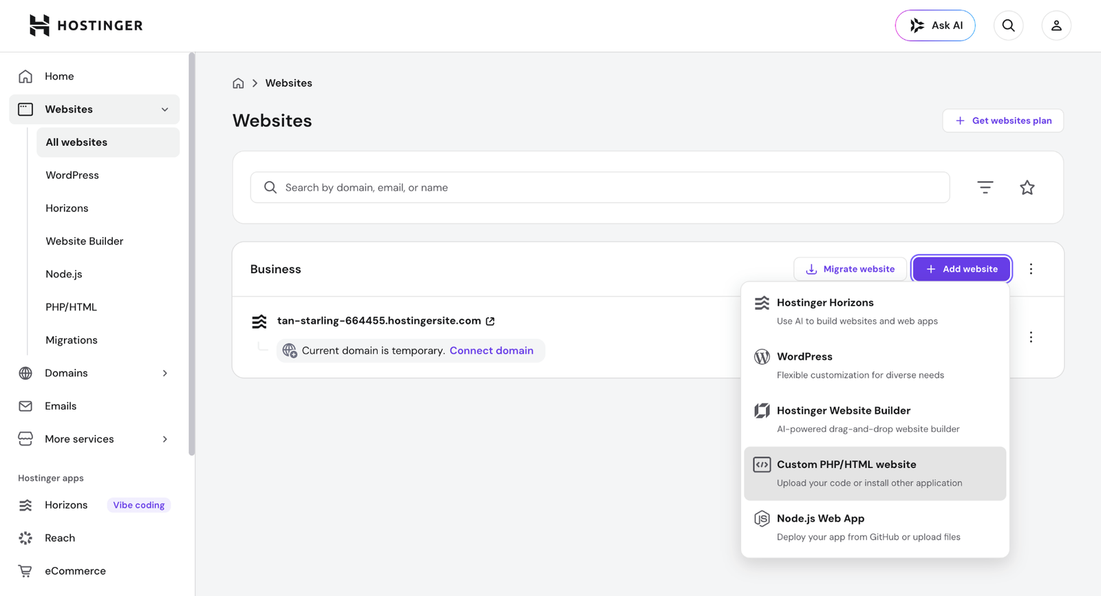 Thêm website mới trên Hostinger và chọn Custom PHP HTML website