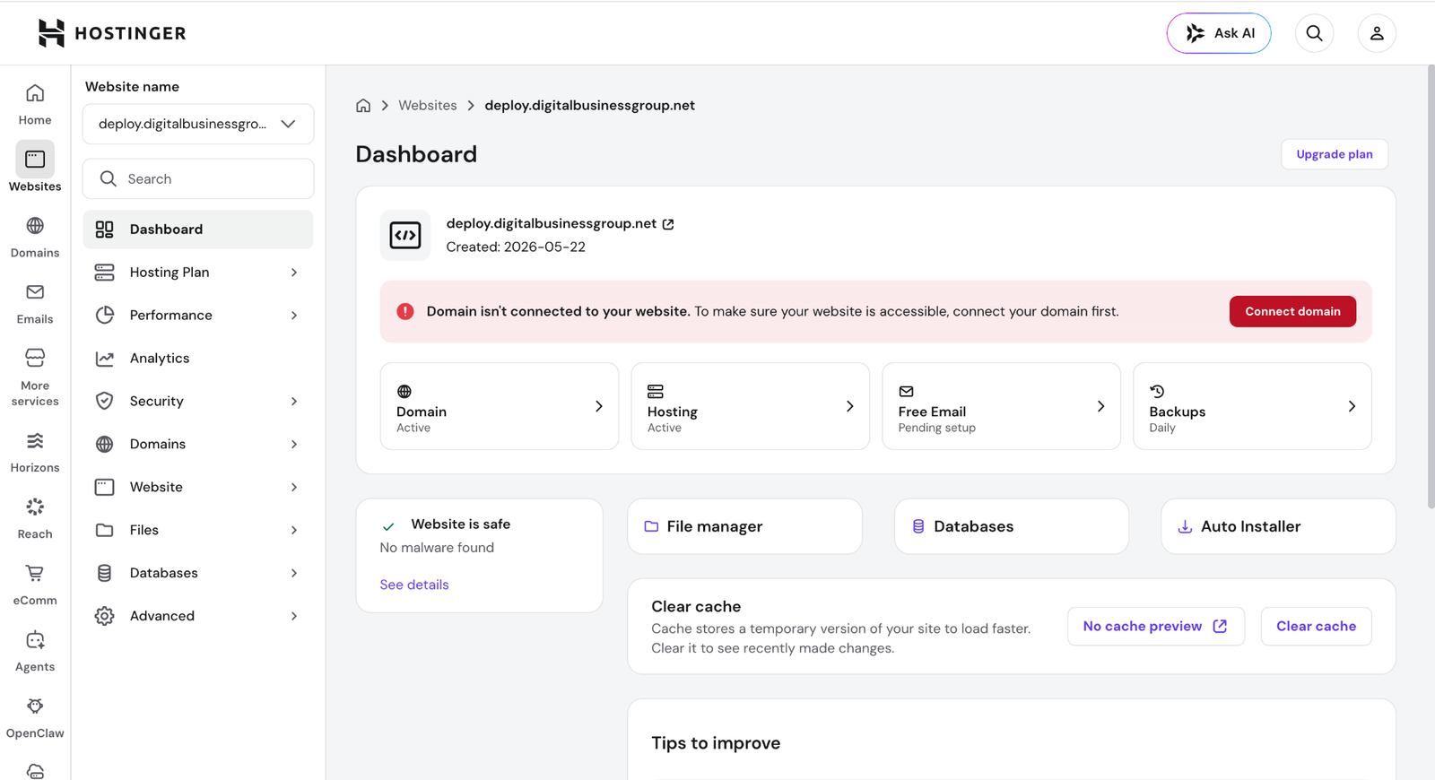 Dashboard Hostinger sau khi tạo website