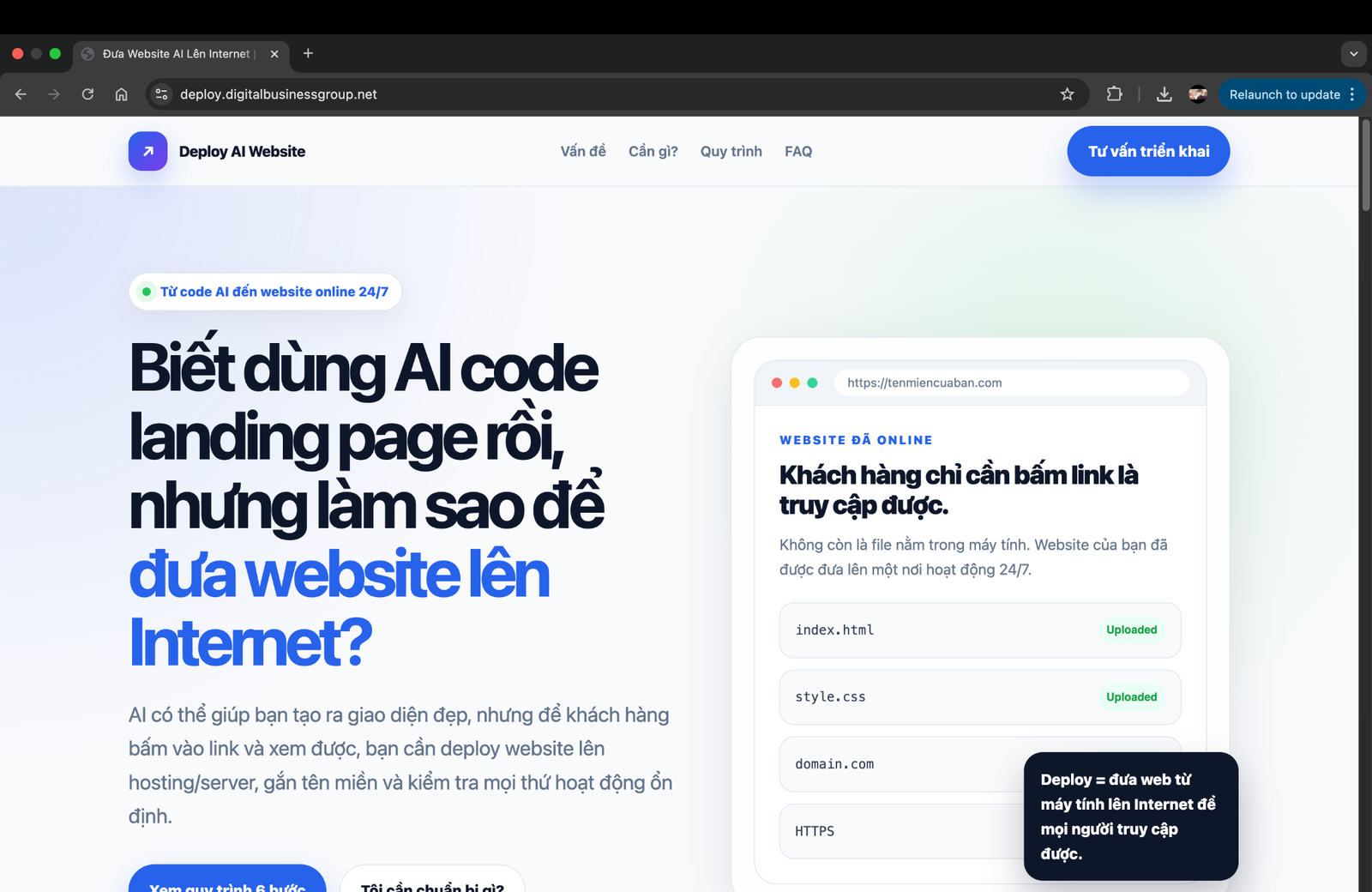 Kiểm tra landing page sau khi upload thành công